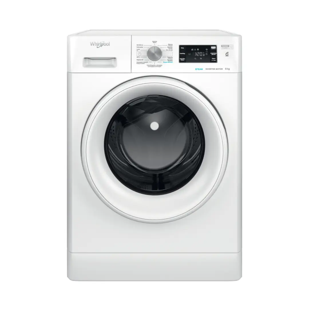 Imagen principal de la lavadora Whirlpool FFB-9489 WV SPT en color blanco, con 9 Kg de capacidad, 1400 rpm y motor Inverter eficiente, disponible en Electrocash.