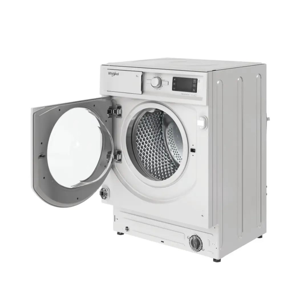 Vista de la lavadora Whirlpool BI WMWG-81485E EU abierta, mostrando su amplio tambor de 8 kg, diseño integrable y motor inverter silencioso, perfecta para el hogar, en Electrocash.