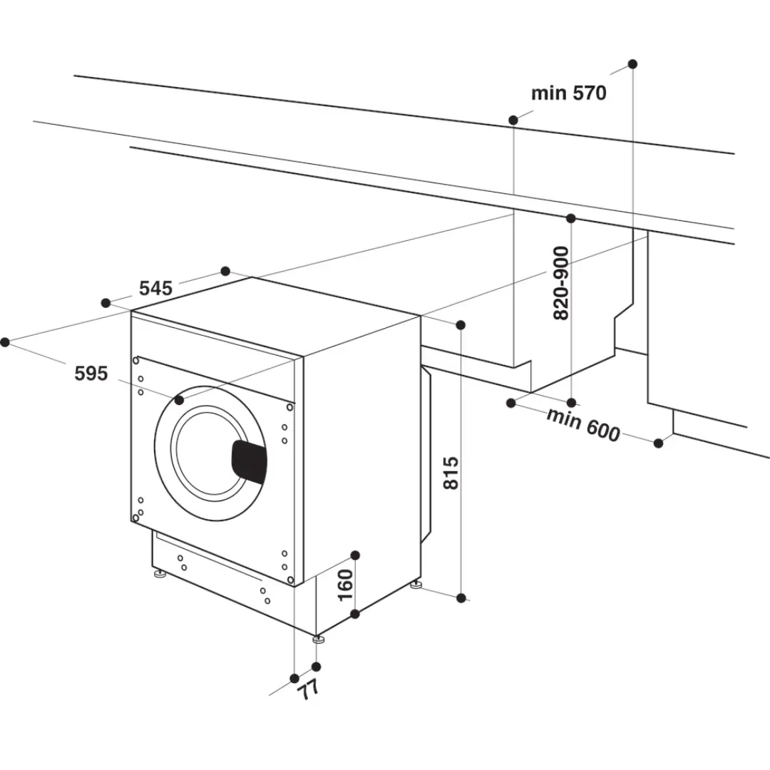 Esquema con las medidas y dimensiones de la lavadora integrable Whirlpool BI WMWG-81485E EU, ideal para encastrar en muebles de cocina estándar, disponible en Electrocash.