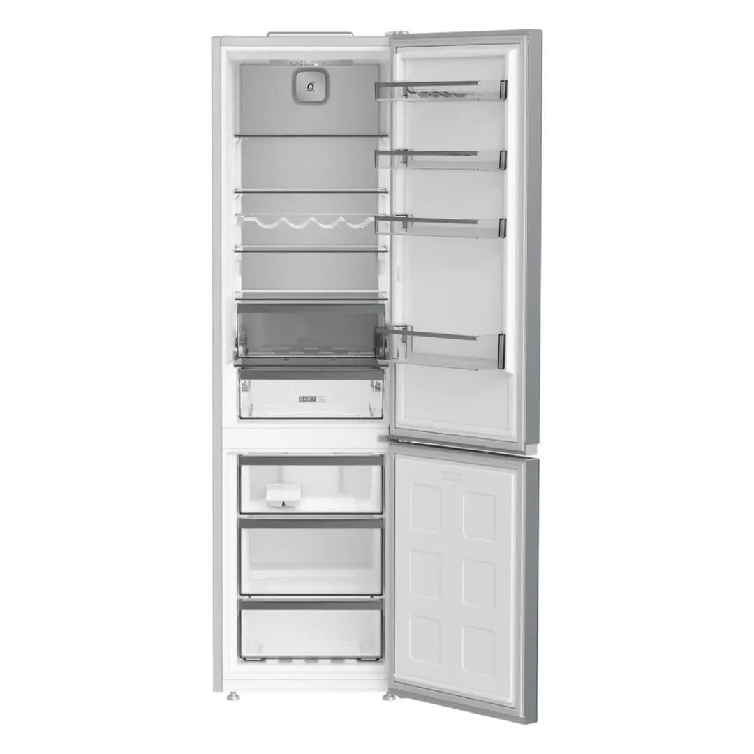 Imagen del frigorífico Whirlpool WHK-25404 XP8E abierto y vacío, mostrando su amplio interior con estantes de cristal, cajones Fresh Box+ y bandejas ajustables, disponible en Electrocash.