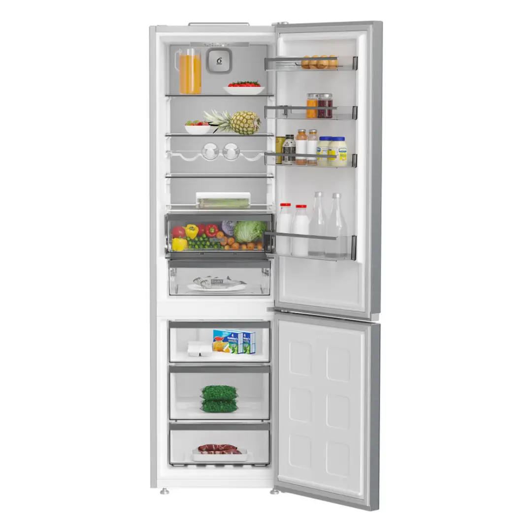 El frigorífico Whirlpool WHK-25404 XP8E abierto y lleno, con alimentos frescos y bebidas organizadas en sus compartimentos, mostrando su gran capacidad y diseño funcional, disponible en Electrocash.