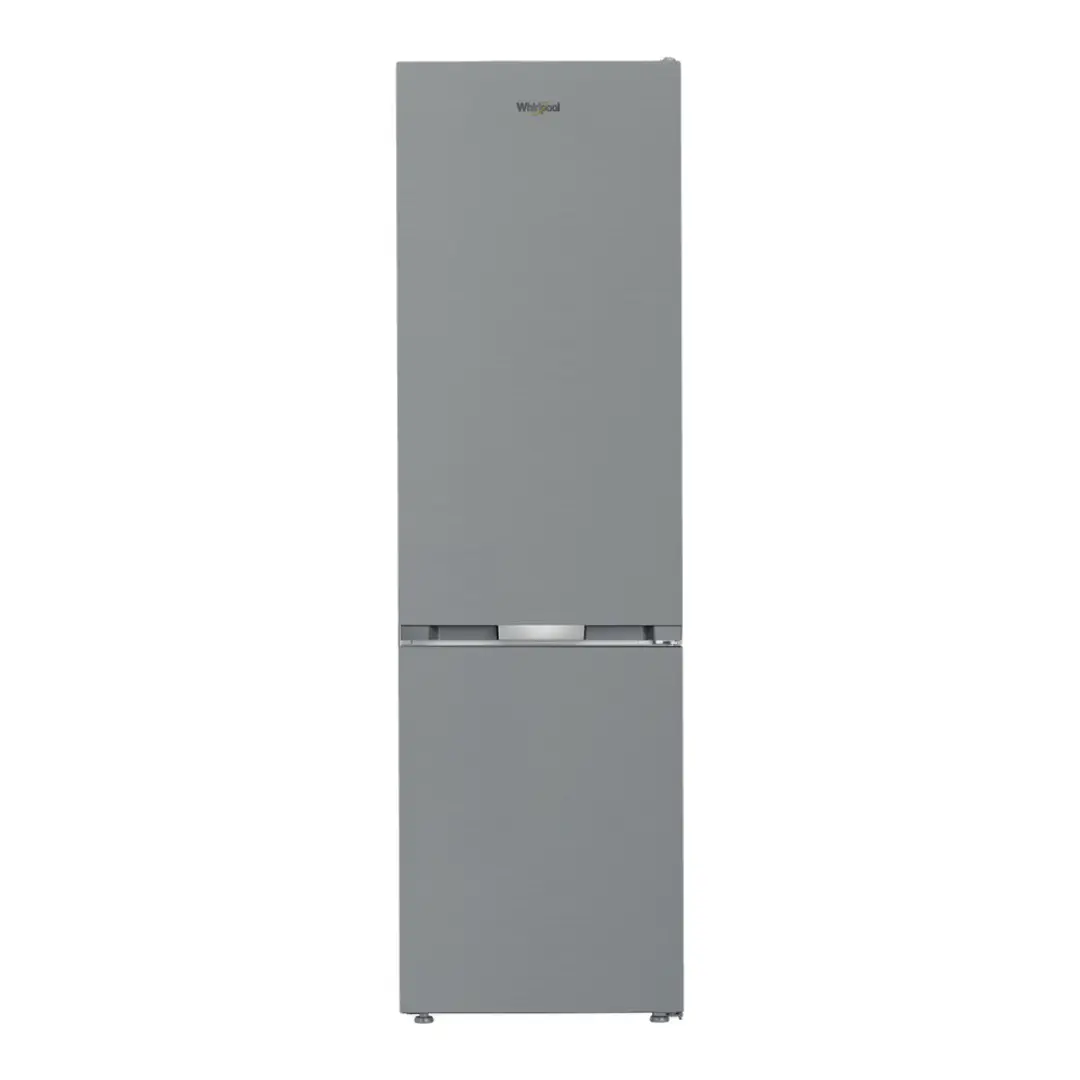 Imagen frontal del frigorífico combinado Whirlpool WHK-25404 XP8E en acero inoxidable, con 203 cm de altura, tecnología Inverter y sistema Dual No Frost de bajo consumo, disponible en Electrocash.