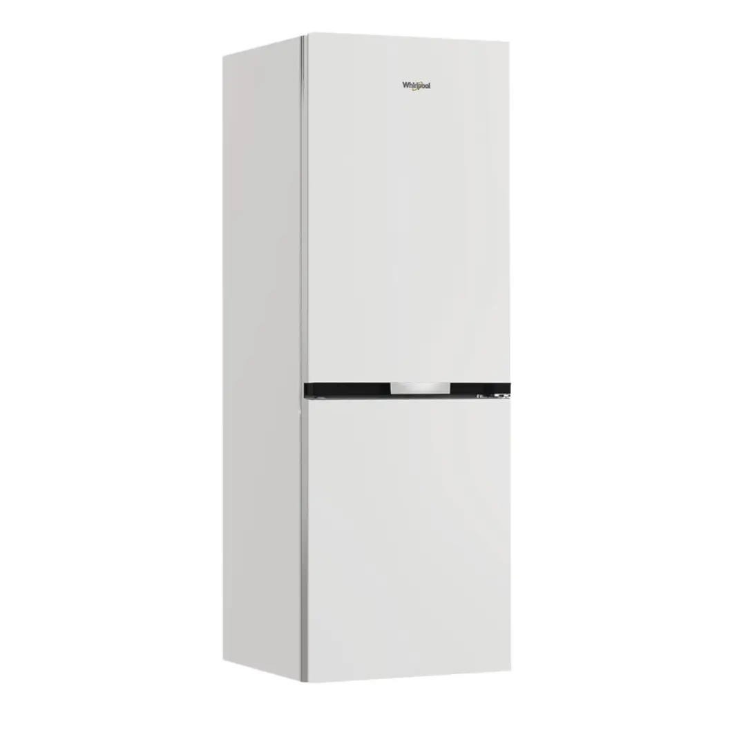 Vista lateral del frigorífico Whirlpool WHK-25364 W5E blanco, mostrando su acabado limpio, altura de 186 cm y diseño combinable con cualquier cocina, disponible en Electrocash.
