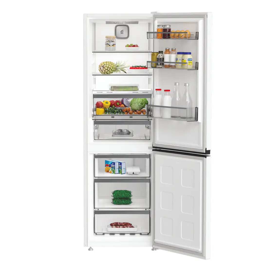 Imagen del frigorífico combi Whirlpool WHK-25364 W5E abierto y lleno de alimentos, con amplios compartimentos, cajón FreshBox y estantes de cristal ajustables, disponible en Electrocash.