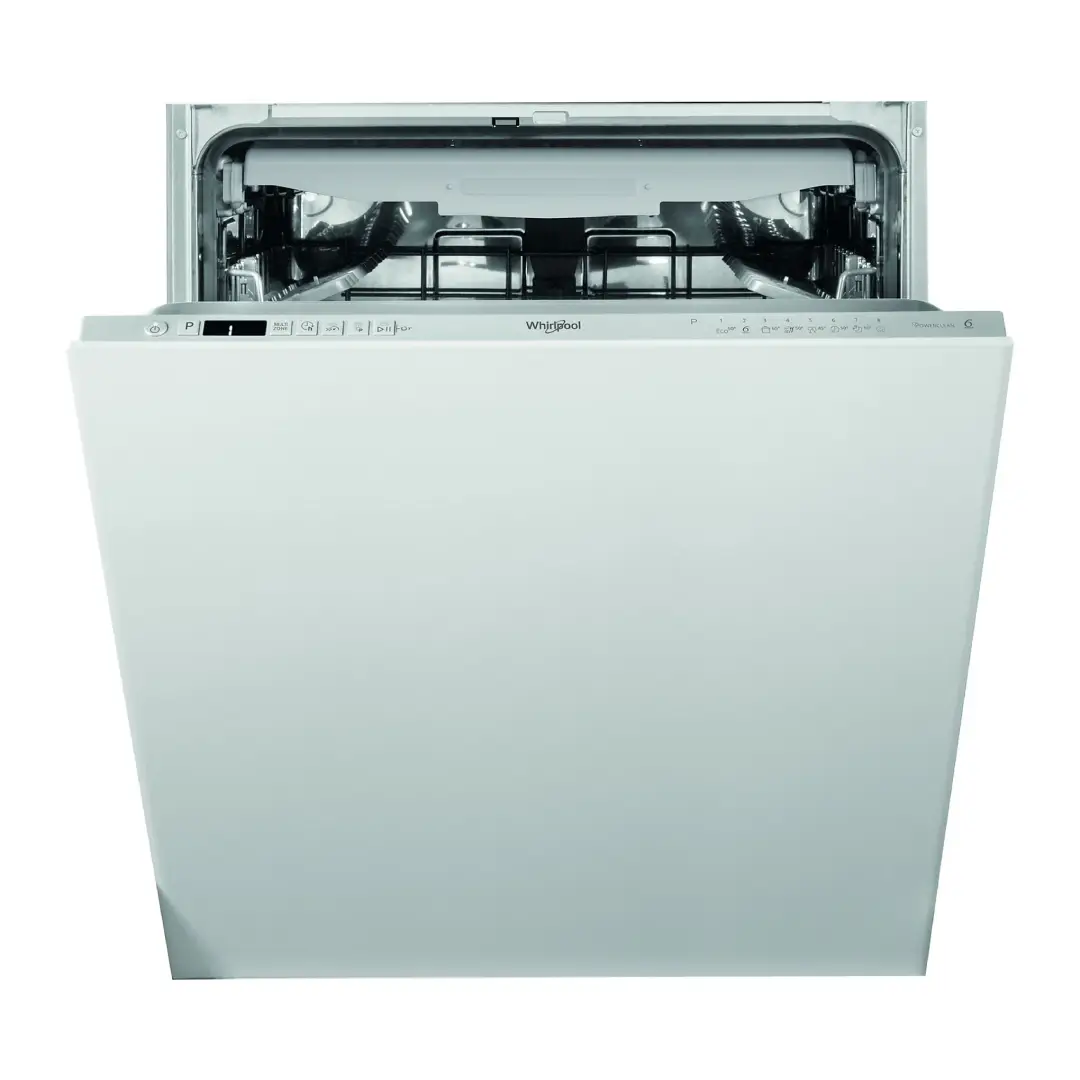 Imagen frontal del lavavajillas integrable Whirlpool WI-7020 de 60 cm, con capacidad para 14 cubiertos y tecnología 6th Sense, disponible en Electrocash.