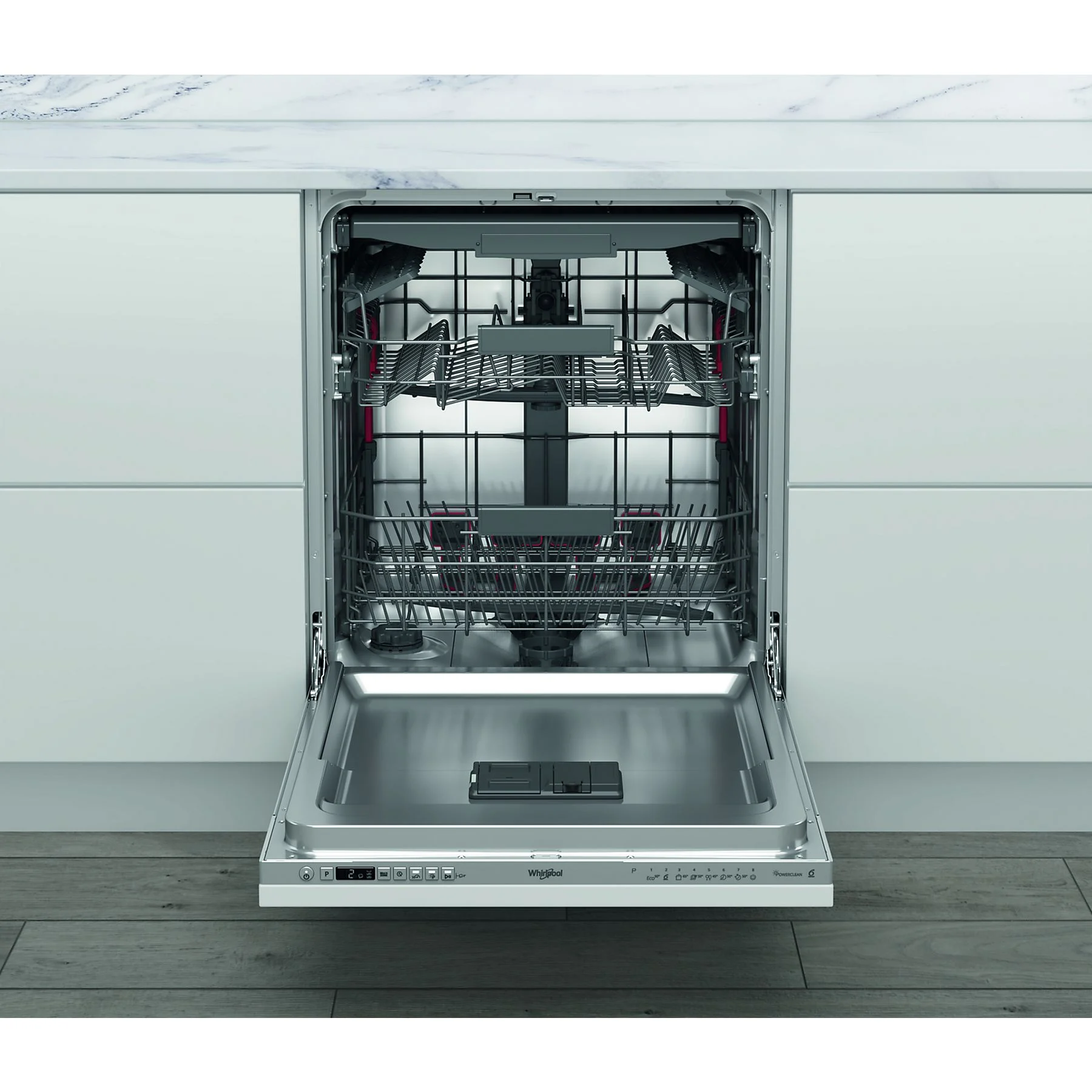 Lavavajillas Whirlpool WI-7020 completamente abierto, mostrando el interior amplio con tres niveles de carga y compartimentos flexibles, disponible en Electrocash.