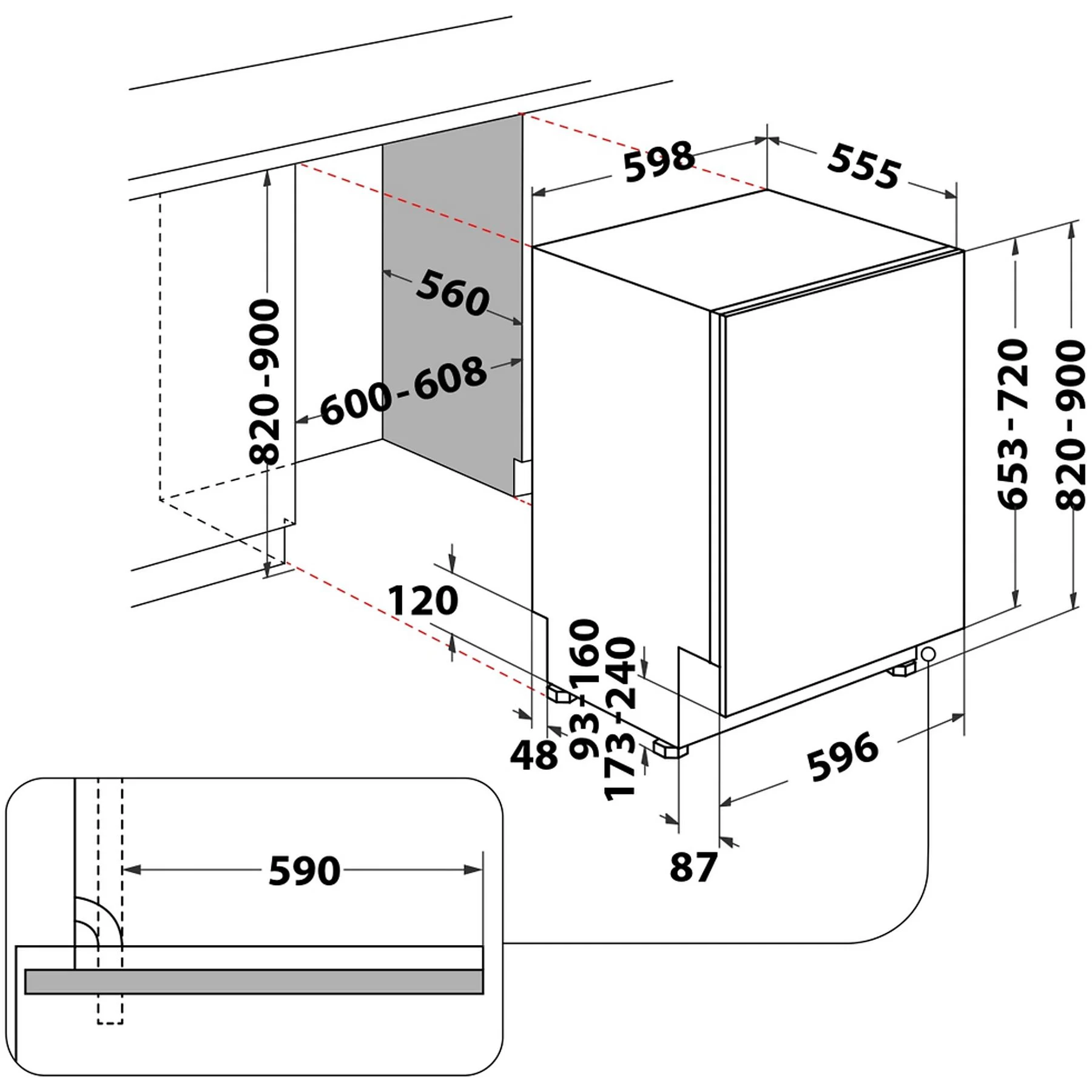 Esquema con las dimensiones del lavavajillas integrable Whirlpool WI-7020, ideal para instalación en muebles de 60 cm de ancho, disponible en Electrocash.