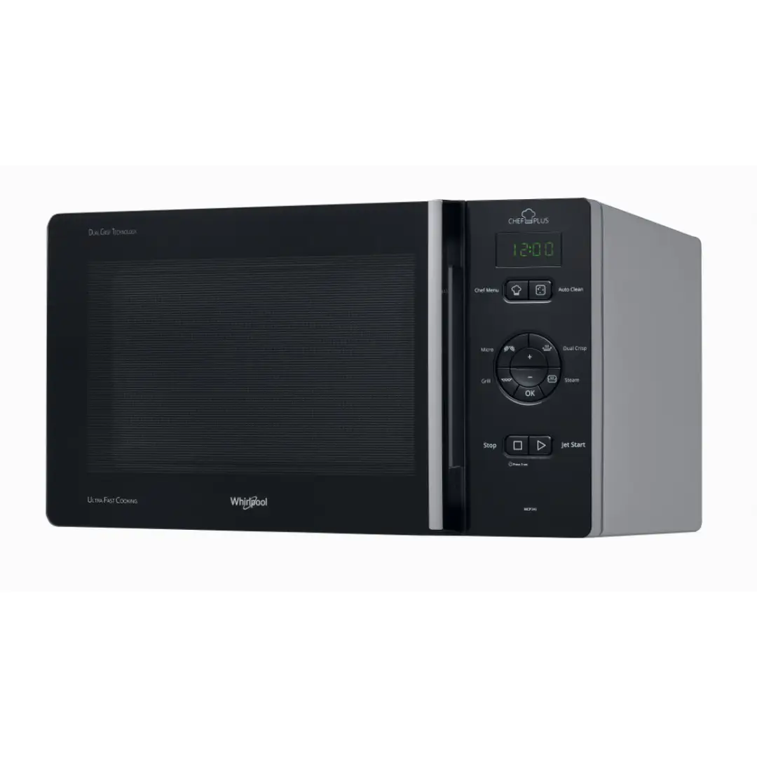 Vista lateral del microondas Whirlpool MCP-346 SL, mostrando su diseño moderno en inox, panel de control y puerta de apertura cómoda, disponible en Electrocash.