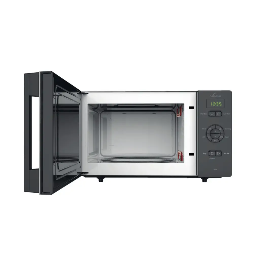 Imagen del microondas Whirlpool MCP-346 SL abierto, mostrando su interior de 25 litros, plato giratorio y grill de cuarzo, ideal para un calentamiento homogéneo, disponible en Electrocash.