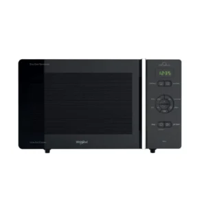 Imagen frontal del microondas Whirlpool MCP-346 SL en acero inoxidable, con capacidad de 25 litros, 800 W de potencia, grill de cuarzo y tecnología 3D para un calentamiento uniforme, disponible en Electrocash.