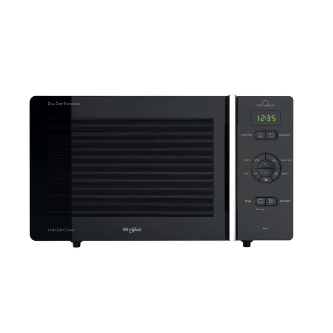 Imagen frontal del microondas Whirlpool MCP-346 SL en acero inoxidable, con capacidad de 25 litros, 800 W de potencia, grill de cuarzo y tecnología 3D para un calentamiento uniforme, disponible en Electrocash.