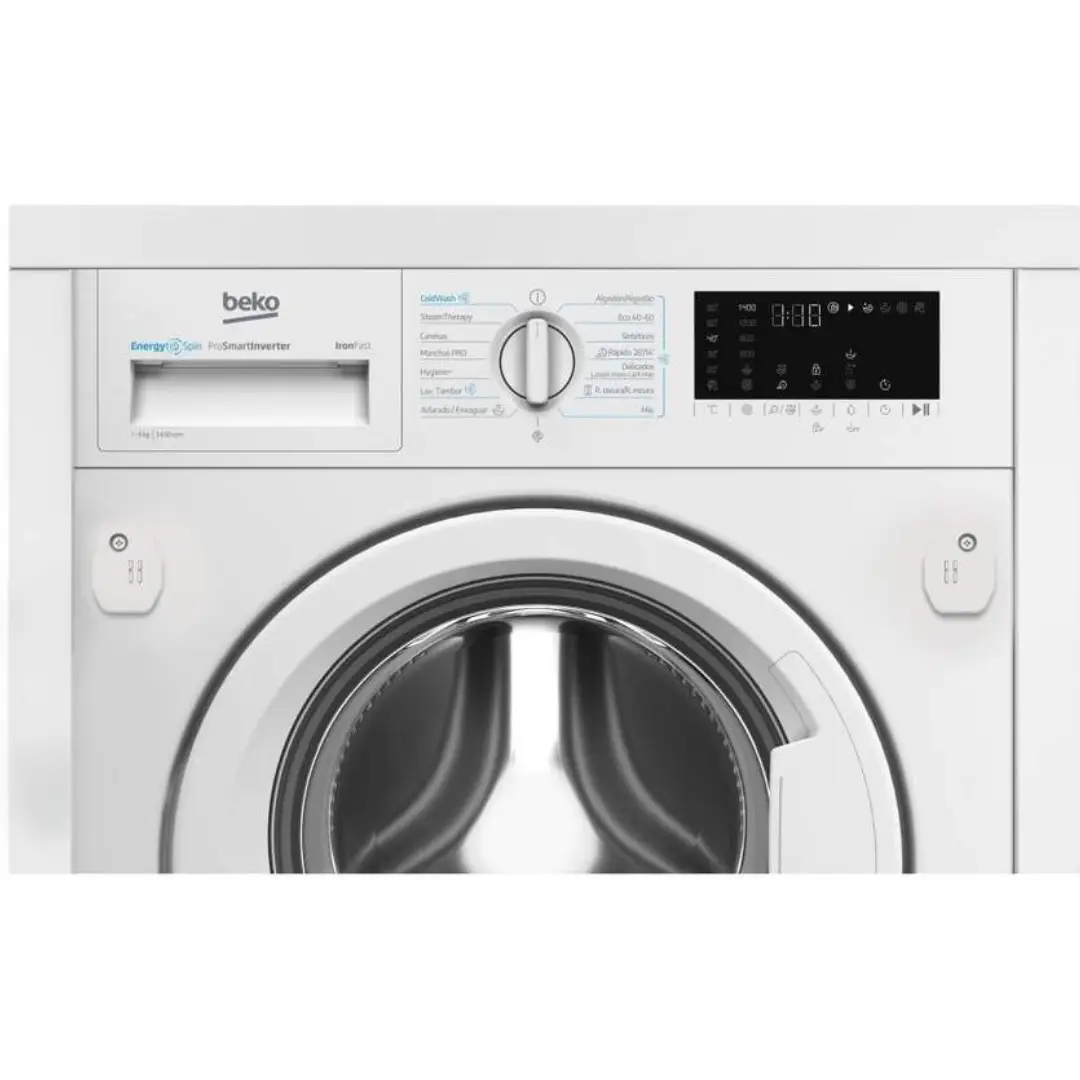 Primer plano del panel de control de la lavadora integrable Beko B3WBT-49435WB, mostrando mandos, display digital y selección de programas, disponible en Electrocash.