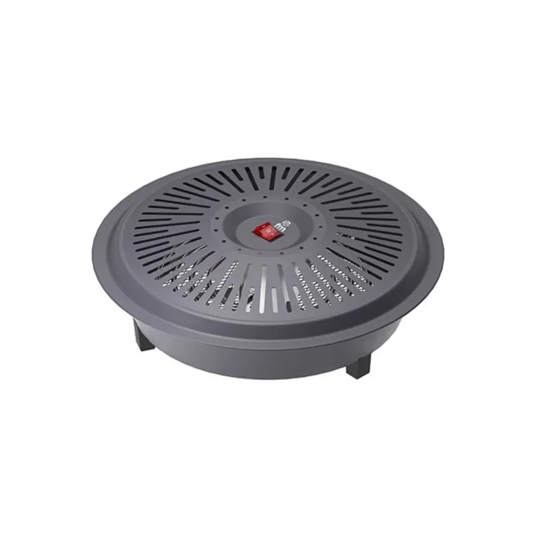 Imagen frontal del brasero eléctrico ALFA-900 FM de 850W, con resistencias blindadas para mayor seguridad y durabilidad, disponible en Electrocash.