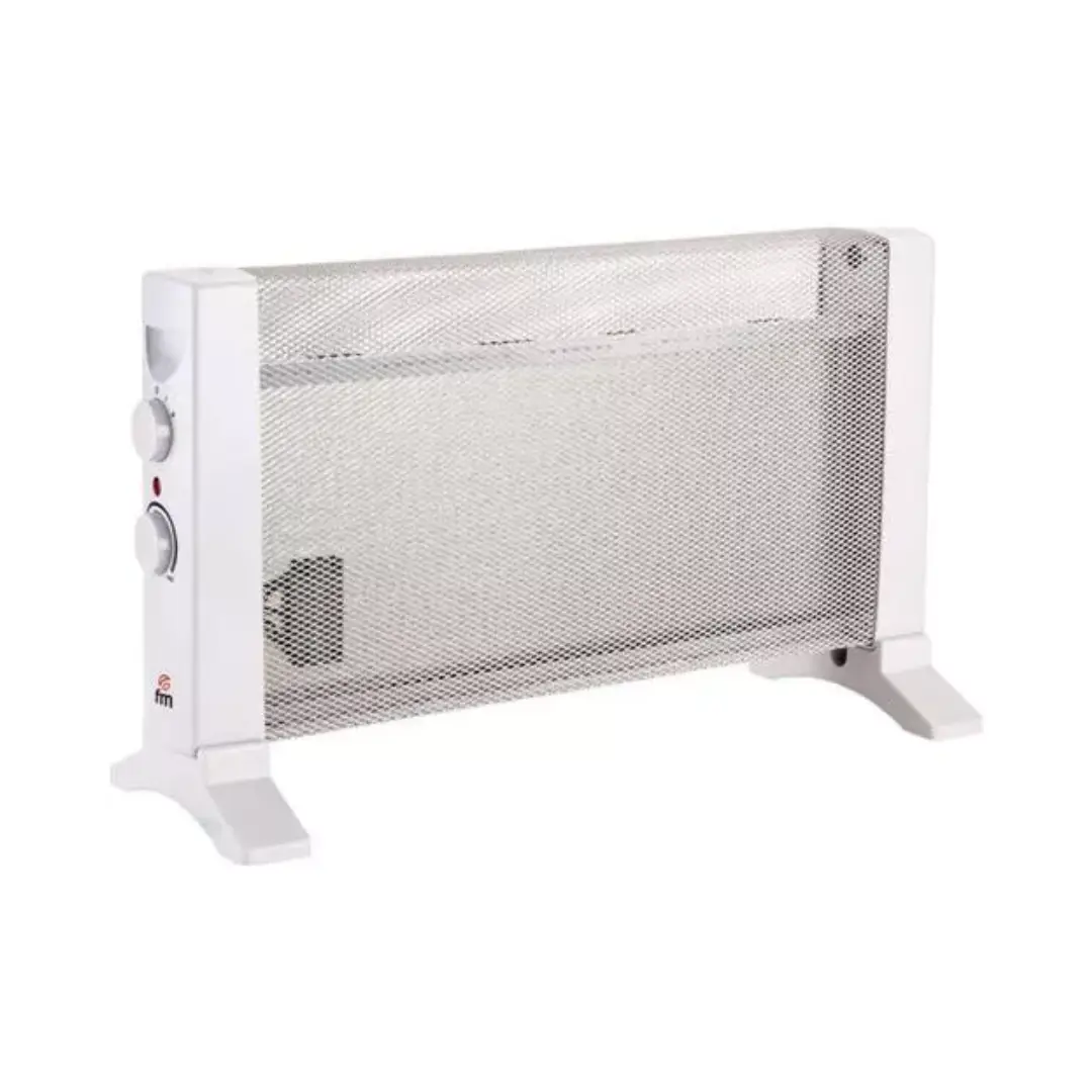 Imagen frontal del radiador de mica FM PM-600 de 600 W, con diseño compacto, silencioso y de bajo consumo, ideal para habitaciones pequeñas, disponible en Electrocash.
