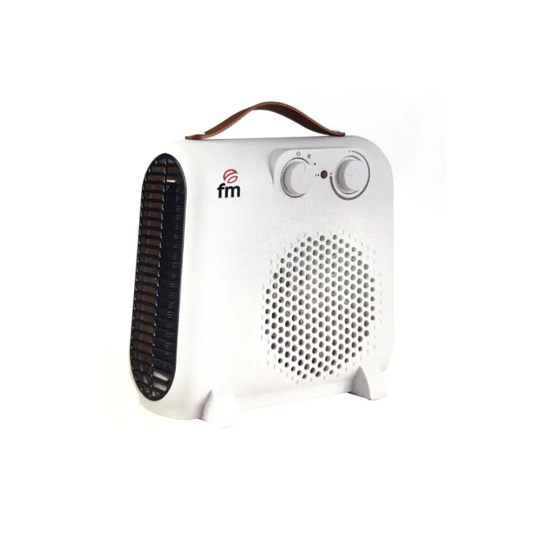 Imagen frontal del calefactor FM Dual-2000 de 2000W, con termostato regulable, doble posición de uso (vertical u horizontal) y protección contra sobrecalentamiento, disponible en Electrocash.