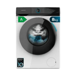 Imagen frontal de la lavadora Cecotec Bolero DressCode 8110 en color blanco, con capacidad de 8 kg, 1200 rpm y motor Inverter Plus de bajo consumo (A-20%), disponible en Electrocash.
