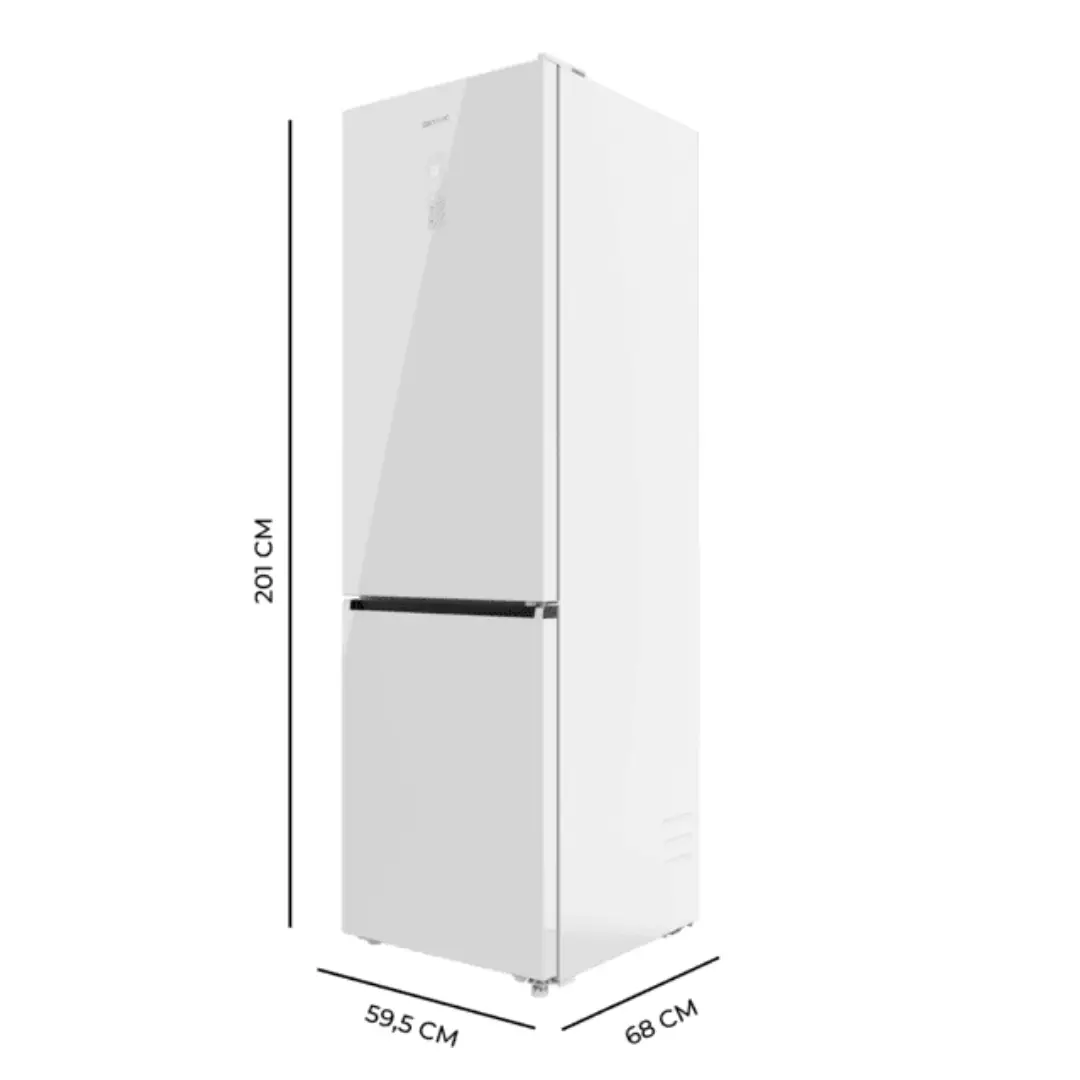 Esquema con las dimensiones del frigorífico Cecotec Bolero CoolMarket 456 (201 x 60 x 66,5 cm), ideal para cocinas amplias y modernas, disponible en Electrocash.