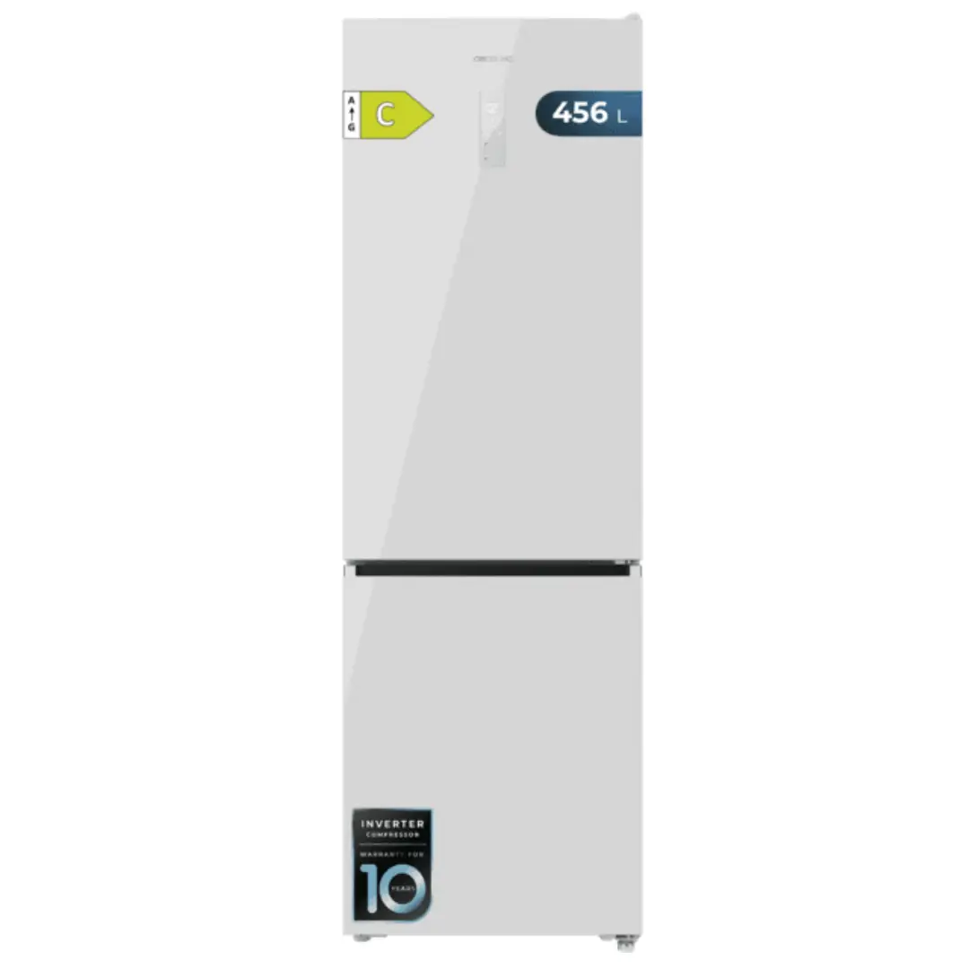 Imagen frontal del frigorífico combinado Cecotec Bolero CoolMarket 456 en cristal blanco, con 201 cm de altura, tecnología Inverter y sistema Total No Frost, disponible en Electrocash.