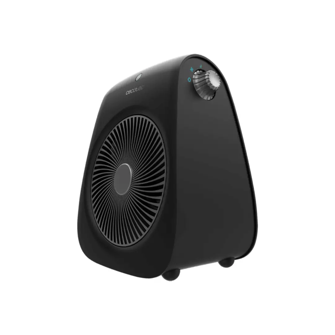 Vista lateral del calefactor Cecotec ReadyWarm 2000 08252 negro, mostrando su diseño moderno, tamaño portátil y rejilla de salida de aire, disponible en Electrocash.