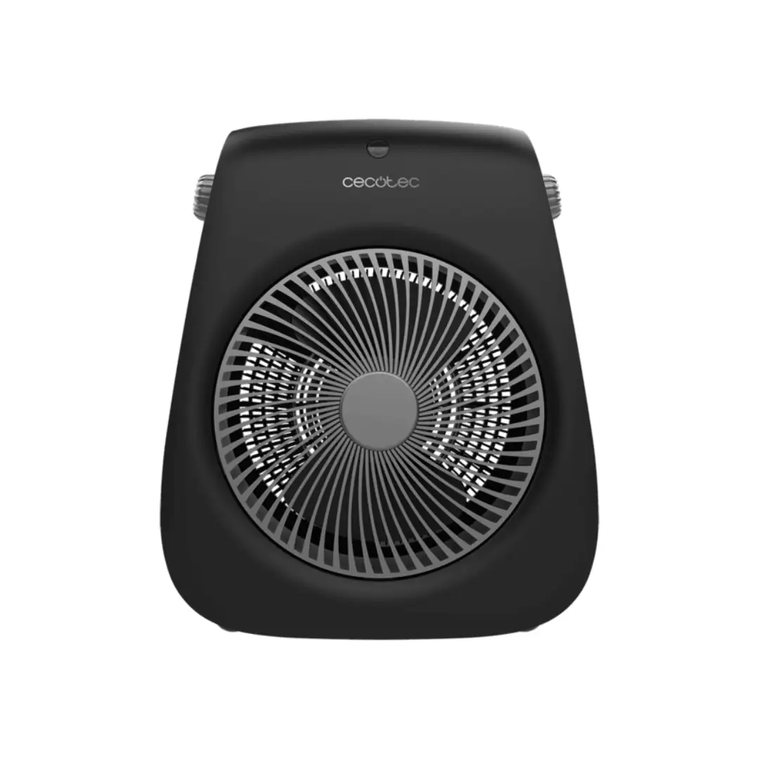 Imagen frontal del calefactor Cecotec ReadyWarm 2000 08252 en color negro, con diseño compacto, potencia de 2000 W y sistema de seguridad antivuelco, disponible en Electrocash.