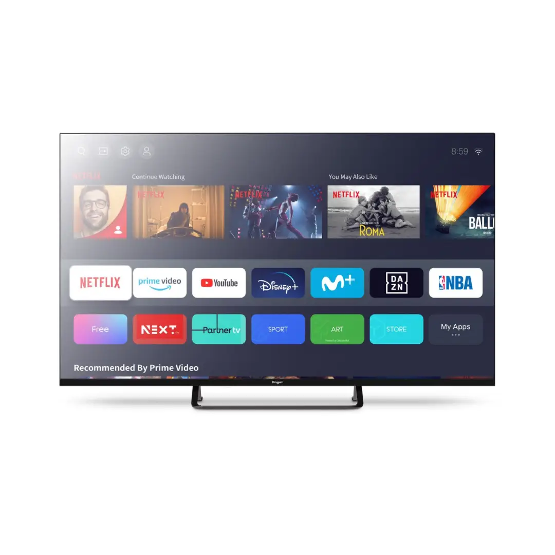 Vista lateral del televisor Engel LE-4394QLED, mostrando su perfil delgado y diseño moderno, disponible en Electrocash.