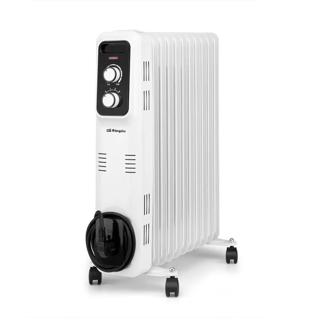 Imagen frontal del radiador de aceite Orbegazo RL-2500, con potencia de 2500W y 3 niveles de regulación de calor, ideal para calentar estancias medianas de forma eficiente y segura, disponible en Electrocash.