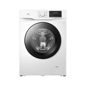 Imagen frontal de la lavadora TCL FF-0814WA1ES en color blanco, con capacidad de 8 kg, 1400 rpm y motor Inverter de alta eficiencia, equipada con función de lavado a vapor, disponible en Electrocash.