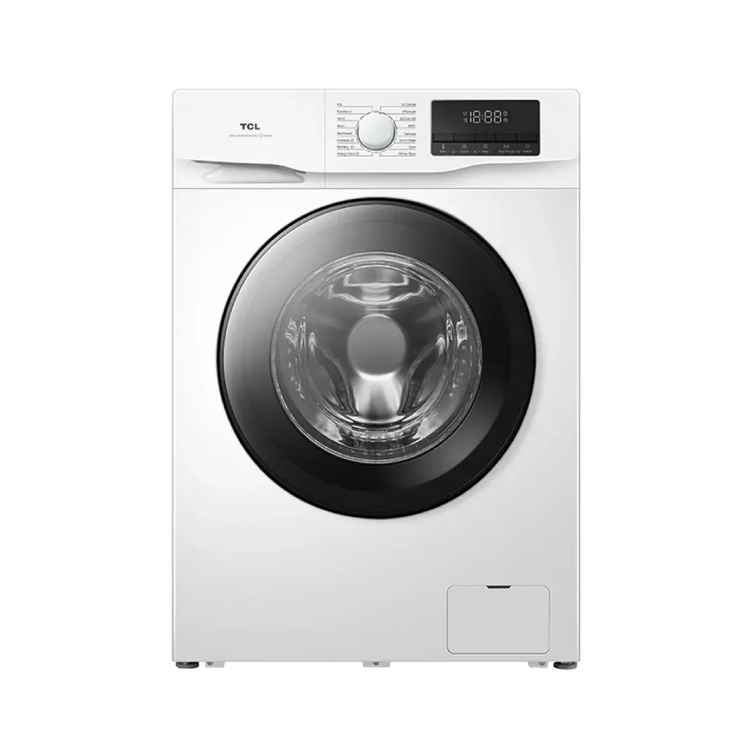 Imagen frontal de la lavadora TCL FF0914WA1ES en color blanco, con capacidad de 9 kg, 1400 rpm y motor Inverter silencioso, que incorpora lavado con vapor para un mayor cuidado de las prendas, disponible en Electrocash.