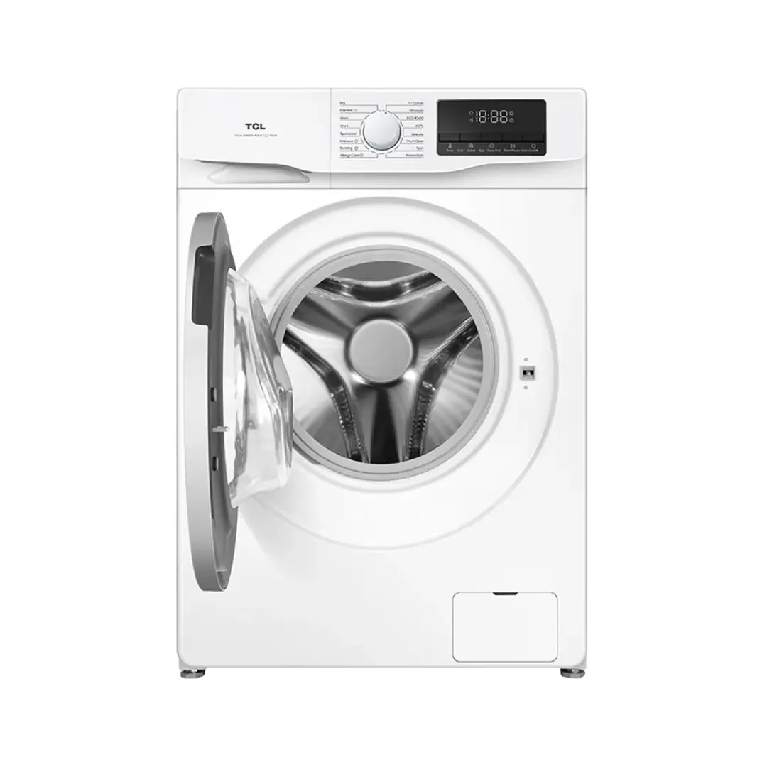 Imagen de la lavadora TCL FF0914WA1ES abierta, mostrando su amplio tambor de acero inoxidable y diseño ergonómico de puerta, ideal para facilitar la carga y descarga, disponible en Electrocash.