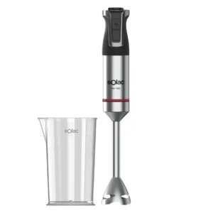 Imagen frontal de la batidora de mano Solac BA-5617 Pro Inox, con potencia de 1500W y vaso medidor incluido, ideal para batir, triturar y mezclar ingredientes de manera rápida y profesional, disponible en Electrocash.