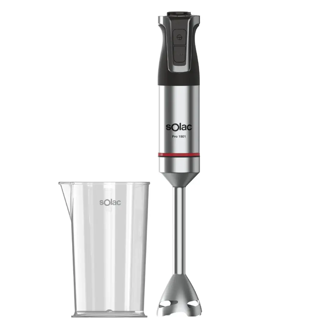 Imagen frontal de la batidora de mano Solac BA-5617 Pro Inox, con potencia de 1500W y vaso medidor incluido, ideal para batir, triturar y mezclar ingredientes de manera rápida y profesional, disponible en Electrocash.