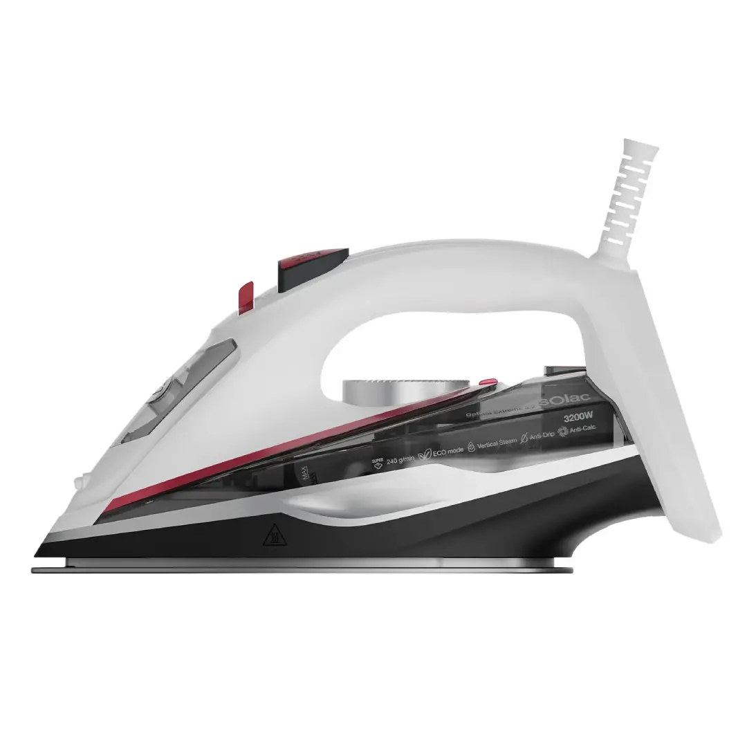 Imagen frontal de la plancha de vapor Optima Extrem PV-2034 Solac, con alto rendimiento de vapor y diseño ergonómico, ideal para un planchado rápido y eficiente de cualquier prenda, disponible en Electrocash.