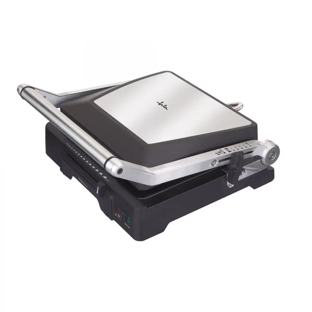Grill JATA GR-1100 de 2000W fabricado en aluminio fundido, con placa antiadherente y apertura 180 grados. Ideal para carnes, verduras y sándwiches. Imagen del producto cerrado.