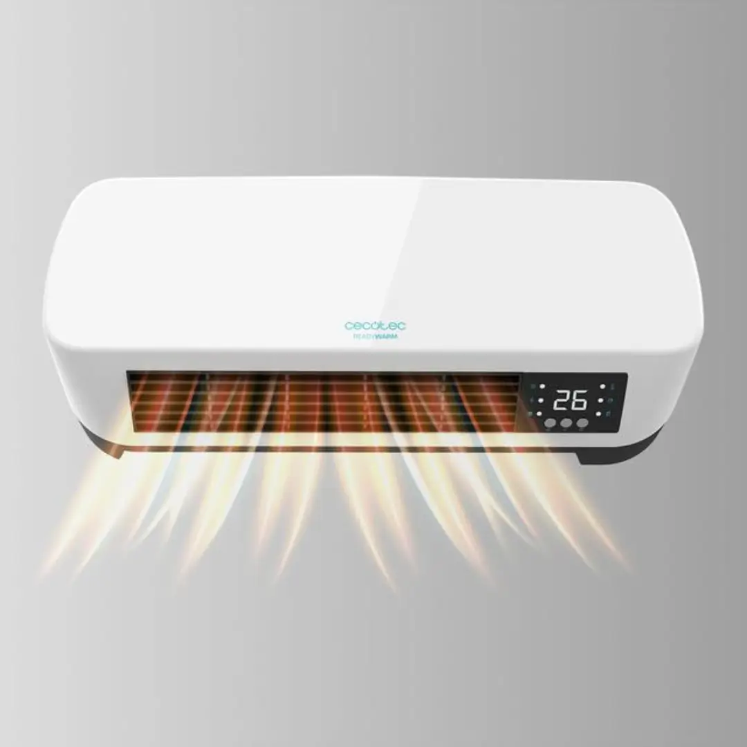 Vista lateral del split cerámico Cecotec Warm 5200 Box mostrando su diseño moderno, panel frontal con controles táctiles y tecnología cerámica eficiente, perfecto para baños y espacios pequeños, disponible en Electrocash.