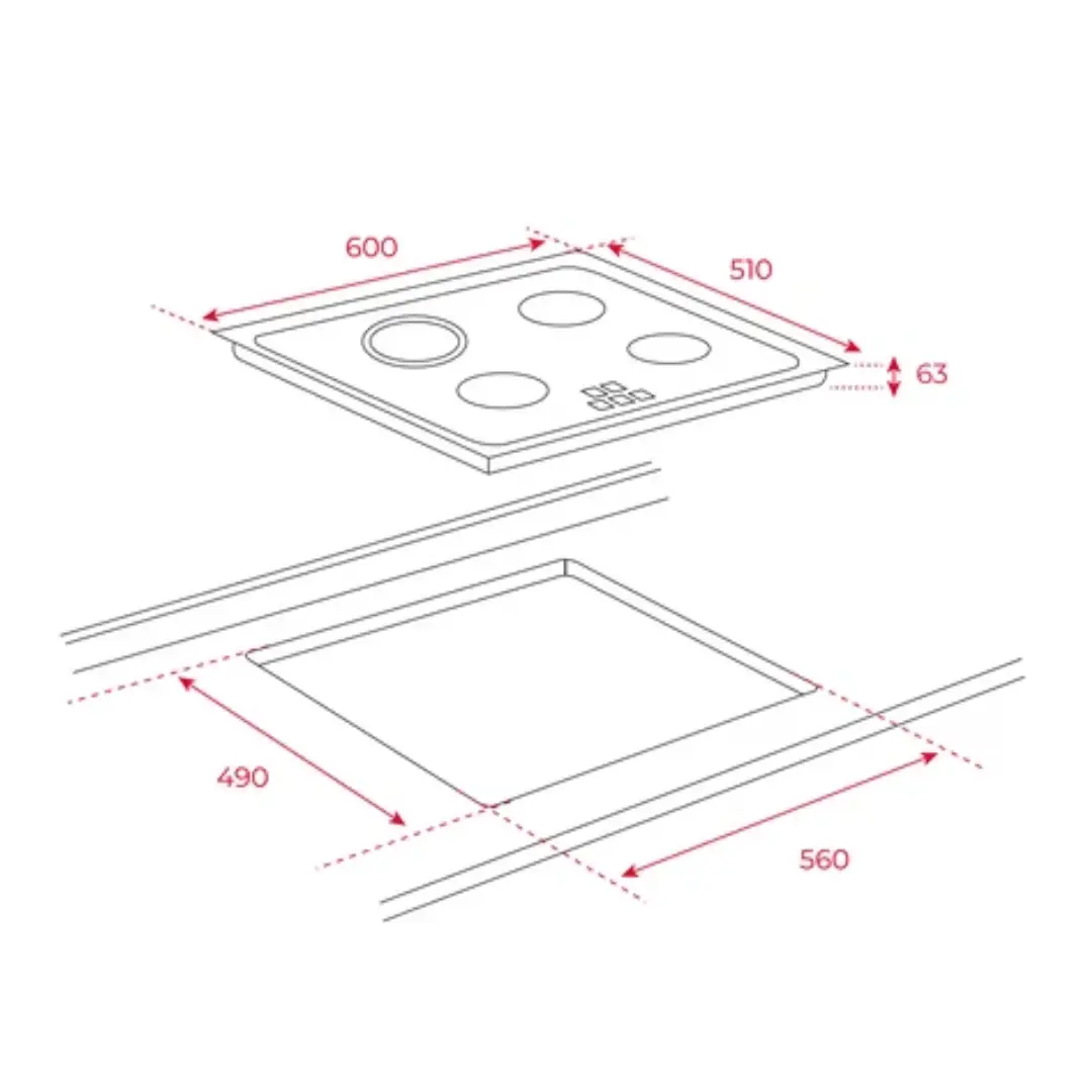 Imagen con las dimensiones y plano técnico de instalación de la placa vitrocerámica Teka TZ-6415, con 4 zonas de cocción y función Booster, ideal para encastre en cocinas modernas, disponible en Electrocash.