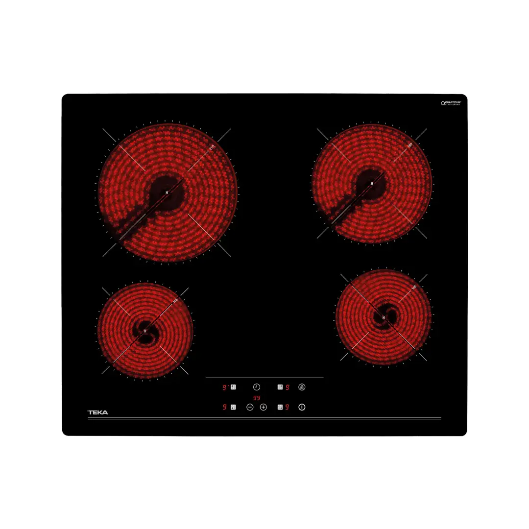 Imagen principal de la placa vitrocerámica Teka TZ-6415 con 4 zonas de cocción, potencia total de 6.3 kW, superficie de cristal biselado y función Booster para un calentamiento rápido, disponible en Electrocash.