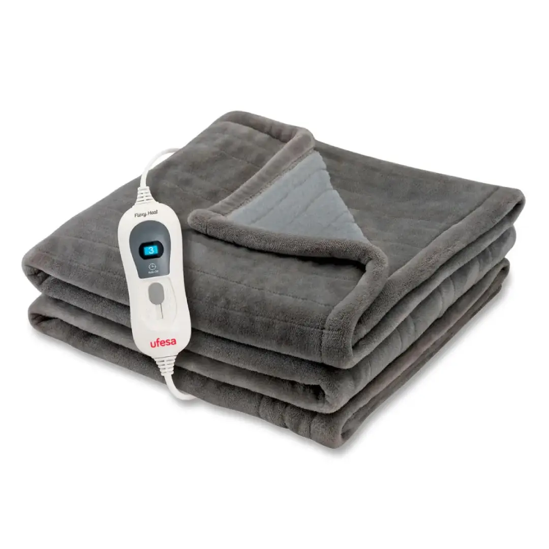 Imagen de la manta térmica Ufesa Softy Fleece de 150×100 cm, 120W, con tejido ultrasuave y mando regulador de temperatura. Diseñada para ofrecer calor seguro y uniforme — disponible en Electrocash.