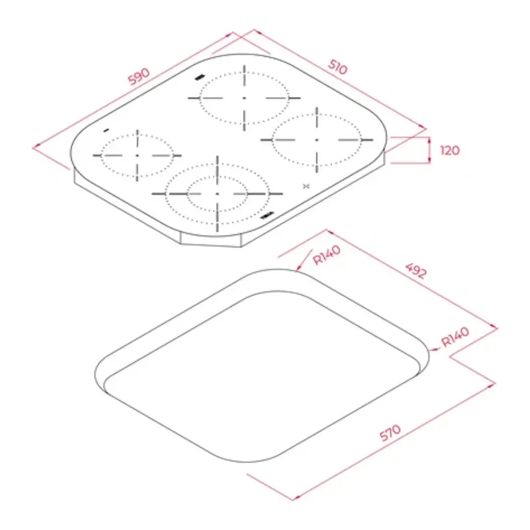Placa vitrocerámica Teka TCC-6400PLV de 60 cm con 4 fuegos, doble zona flexible de 21 cm y potencia de 6,9 kW. Detalle de sus medidas para integración en cocinas modernas — disponible en Electrocash.