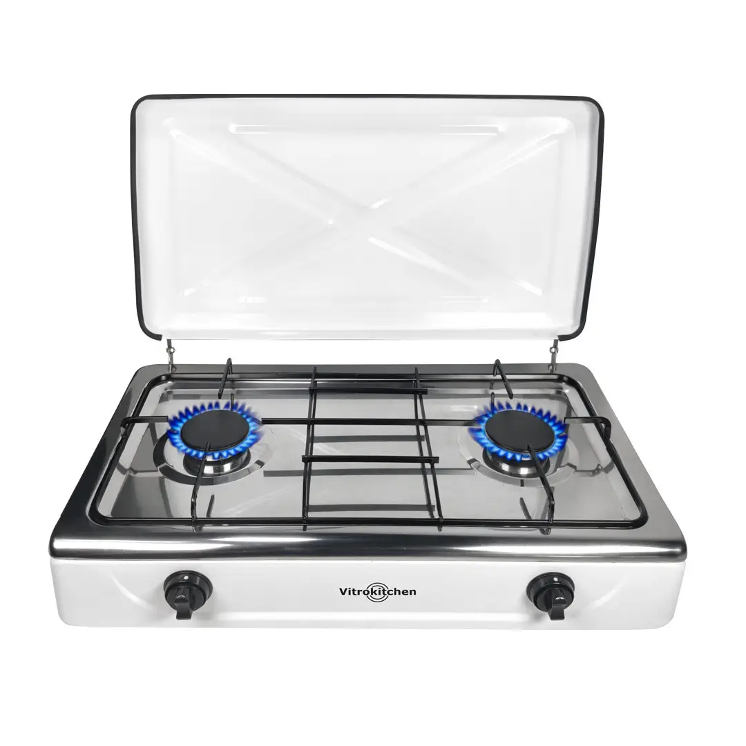 Hornillo de gas butano Vitrokitchen 202BB con 2 fuegos, encimera de acero inoxidable y tapa metálica protectora, ideal para cocinas, segundas viviendas o camping – diseño resistente y fácil de limpiar, disponible en Electrocash.