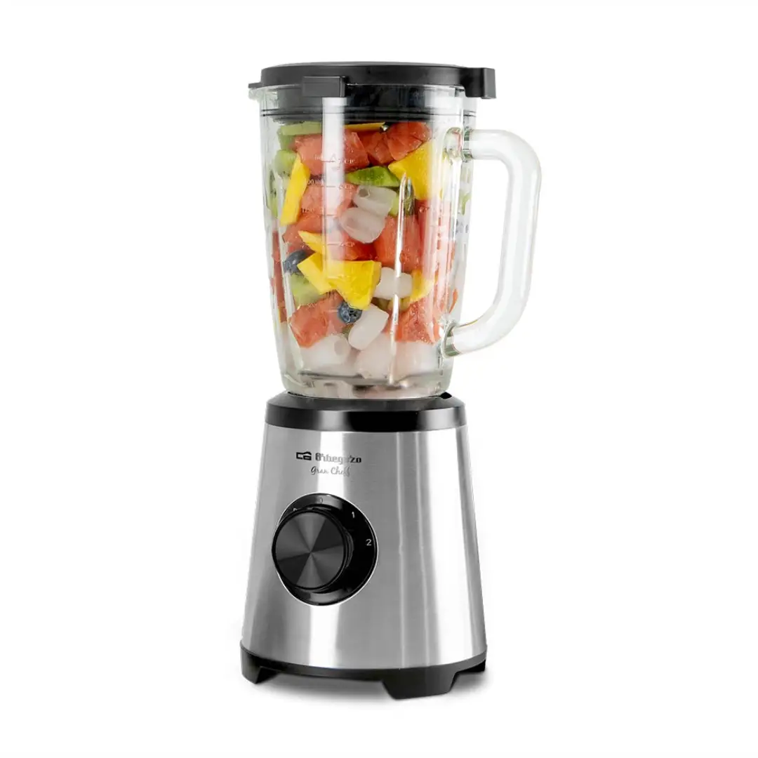 Batidora de vaso Orbegozo BV 15350 con motor de 1500W, jarra de cristal de 1,75 litros y función picahielo, ideal para batidos y granizados, disponible en Electrocash.