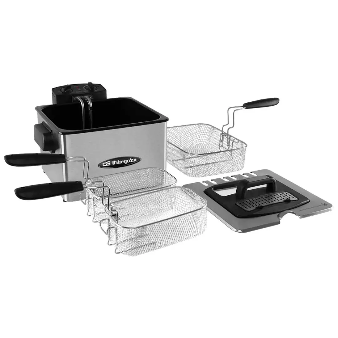 Vista superior de la freidora doble Orbegozo FDR-55 abierta, mostrando sus dos cubetas desmontables, cestillos independientes y estructura en acero inoxidable, perfecta para cocinar diferentes alimentos al mismo tiempo — disponible en Electrocash.