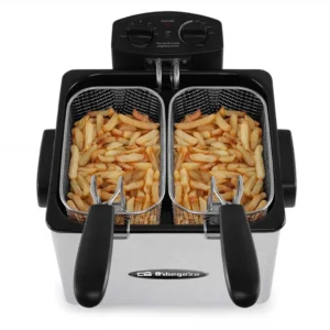 Freidora Orbegozo FDR-55 doble con capacidad de 4,5 litros, potencia de 2180 W y diseño en acero inoxidable, ideal para preparar grandes cantidades de alimentos con resultados crujientes y profesionales — disponible en Electrocash.