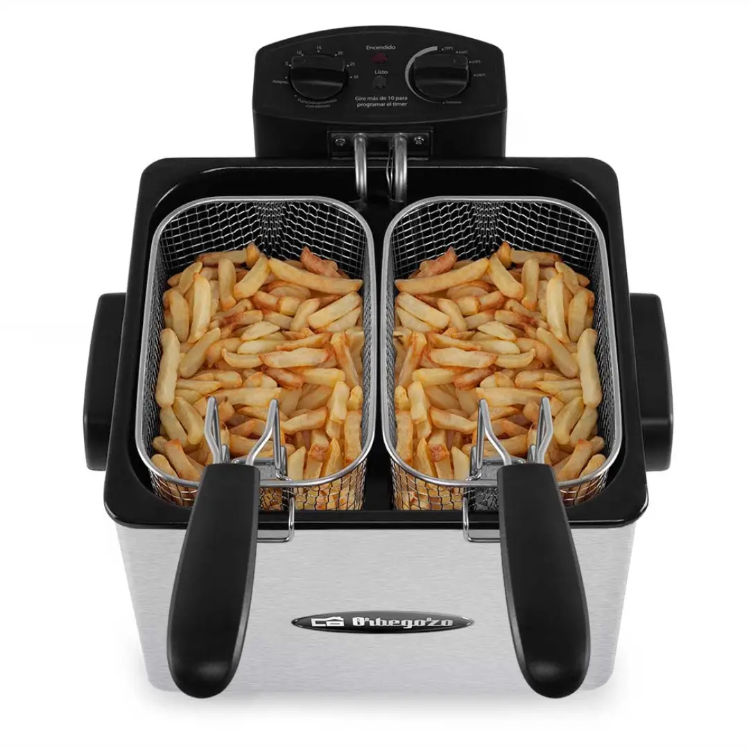 Freidora Orbegozo FDR-55 doble con capacidad de 4,5 litros, potencia de 2180 W y diseño en acero inoxidable, ideal para preparar grandes cantidades de alimentos con resultados crujientes y profesionales — disponible en Electrocash.