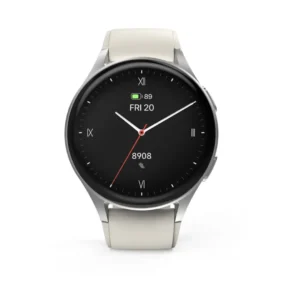Imagen frontal del Hama Watch 8900 en color plata/beige con pantalla AMOLED de 1,32", GPS integrado, conectividad Bluetooth 5.3 y resistencia al agua IP68, ideal para seguimiento de fitness.