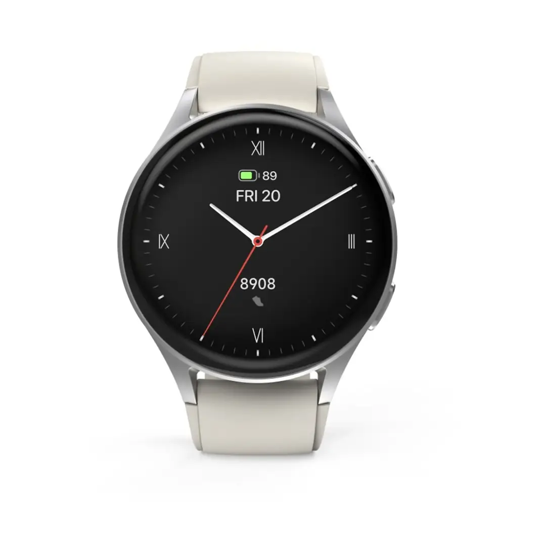 Imagen frontal del Hama Watch 8900 en color plata/beige con pantalla AMOLED de 1,32", GPS integrado, conectividad Bluetooth 5.3 y resistencia al agua IP68, ideal para seguimiento de fitness.