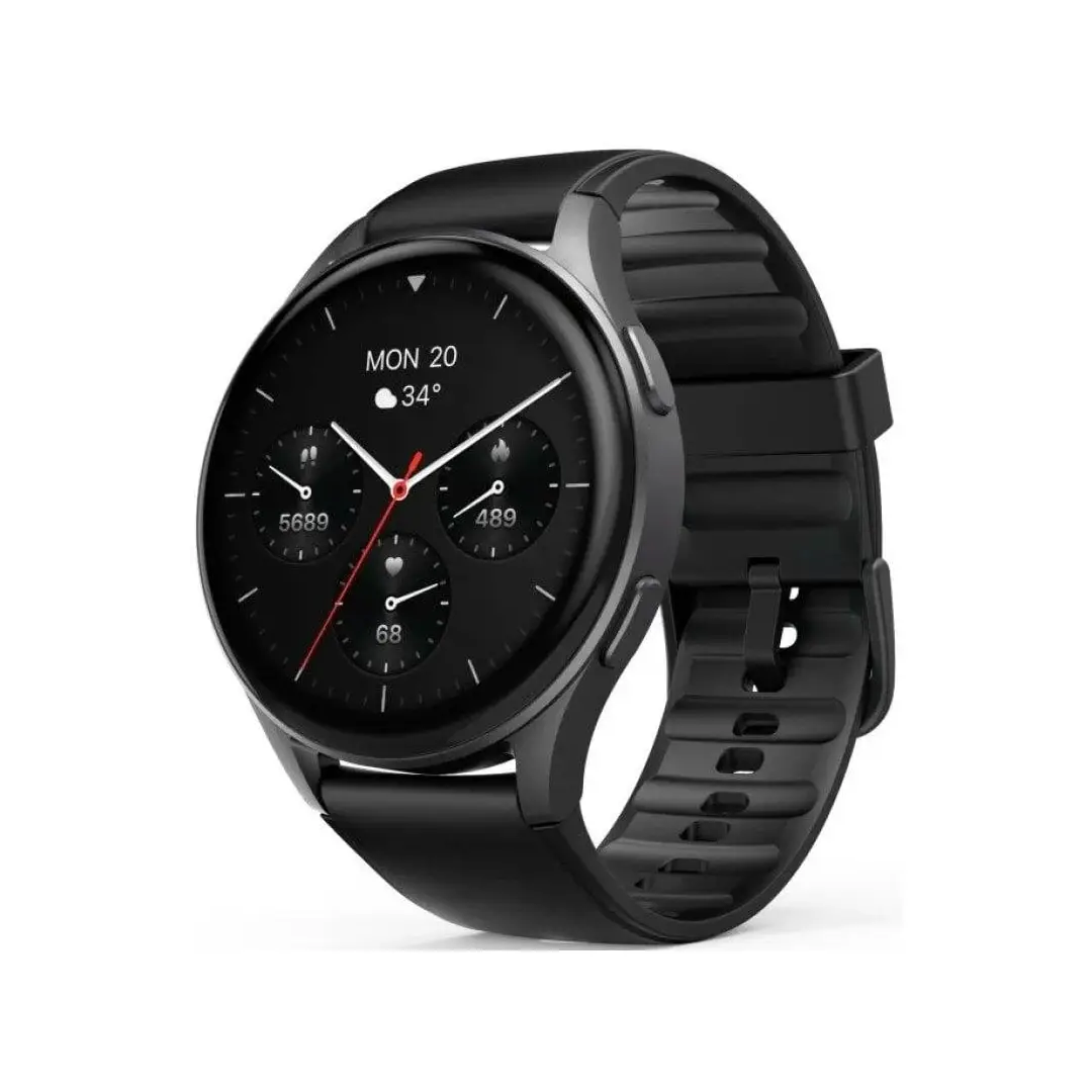 Imagen frontal del Hama Watch 8900 en color negro con pantalla AMOLED de 1,43", GPS integrado, conectividad Bluetooth 5.3 y resistencia al agua IP68, ideal para monitorizar actividad física.