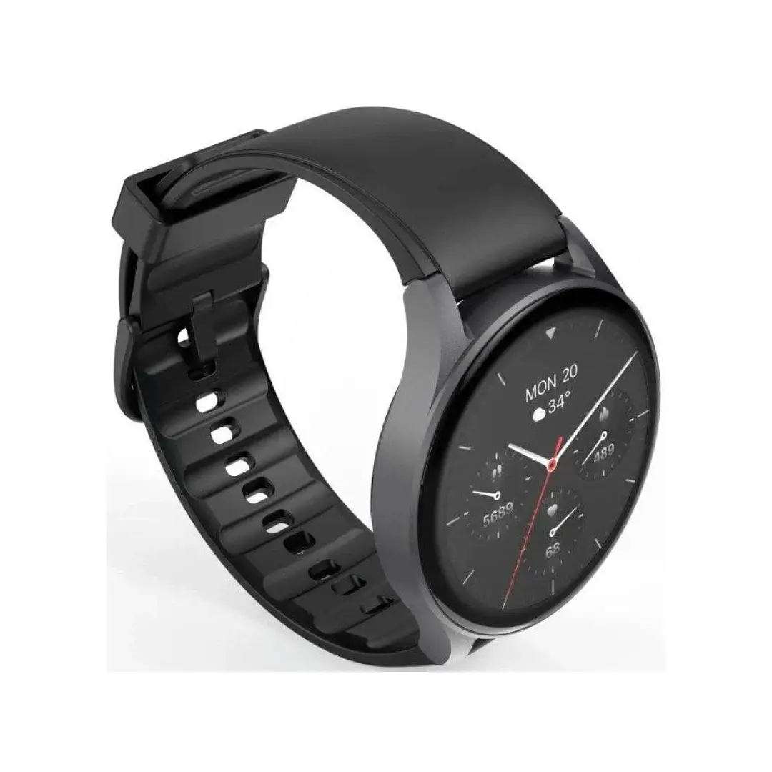 Vista desde arriba del Hama Watch 8900 en negro, mostrando la correa, el diseño de la pantalla y los detalles del bisel del smartwatch.