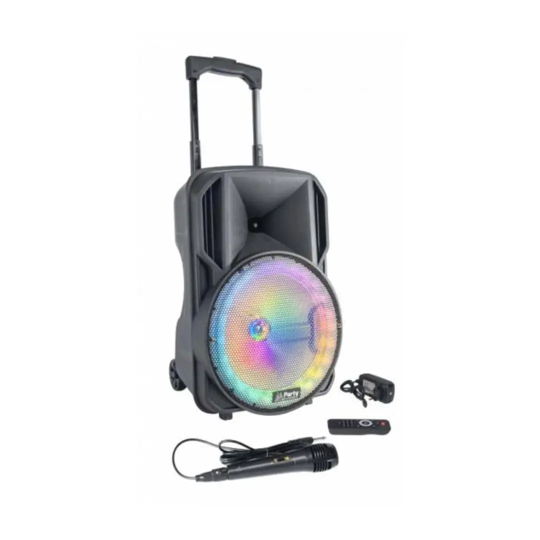 Altavoz Ibiza Sound Party-10RGB tipo trolley con potencia de 400W, conectividad Bluetooth, radio FM y efectos de iluminación LED RGB. Ideal para fiestas y eventos con sonido potente y movilidad — disponible en Electrocash.