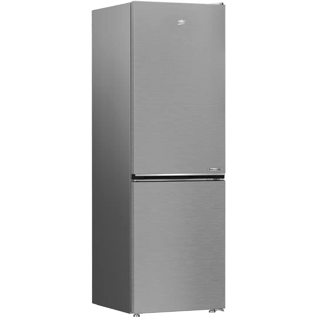Vista frontal del frigorífico combi Beko B5XRCNE-366HXB con acabado Inox y líneas modernas. Diseño elegante con display digital exterior — disponible en Electrocash.