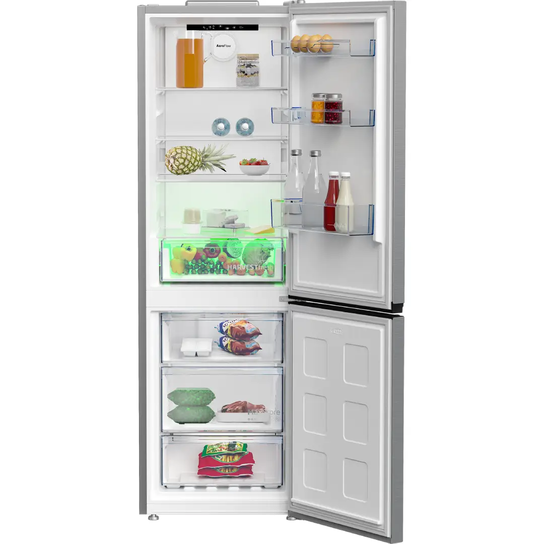 Interior del frigorífico combi Beko B5XRCNE-366HXB completamente abierto, mostrando los compartimentos, cajones y bandejas amplias con iluminación LED — disponible en Electrocash.